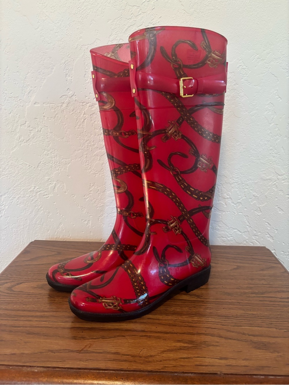 Lauren Ralph Lauren Rossalyn II Red Printed Tall Rain Boots with Buckle Accent
